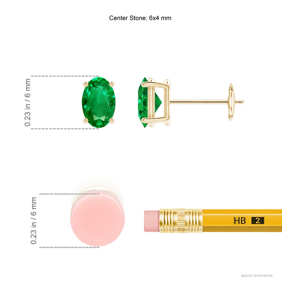 6x4mm AAA Prong-Set Solitaire Oval Emerald Stud Earrings in Yellow Gold ruler