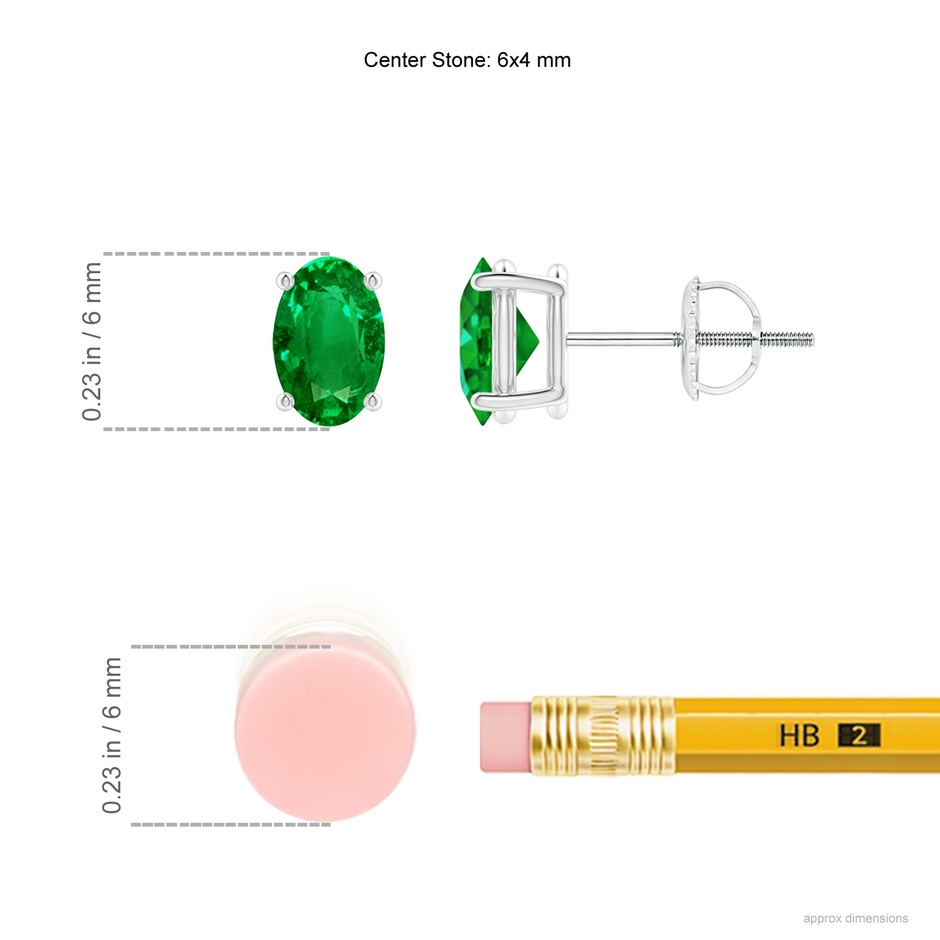 6x4mm AAAA Prong-Set Solitaire Oval Emerald Stud Earrings in P950 Platinum ruler