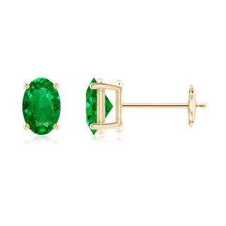 6x4mm AAAA Prong-Set Solitaire Oval Emerald Stud Earrings in Yellow Gold