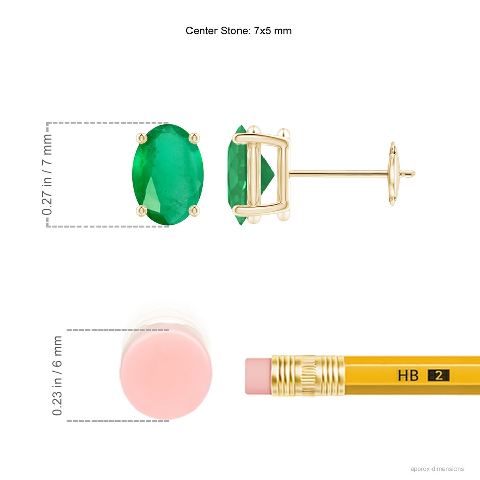 7x5mm A Prong-Set Solitaire Oval Emerald Stud Earrings in Yellow Gold ruler