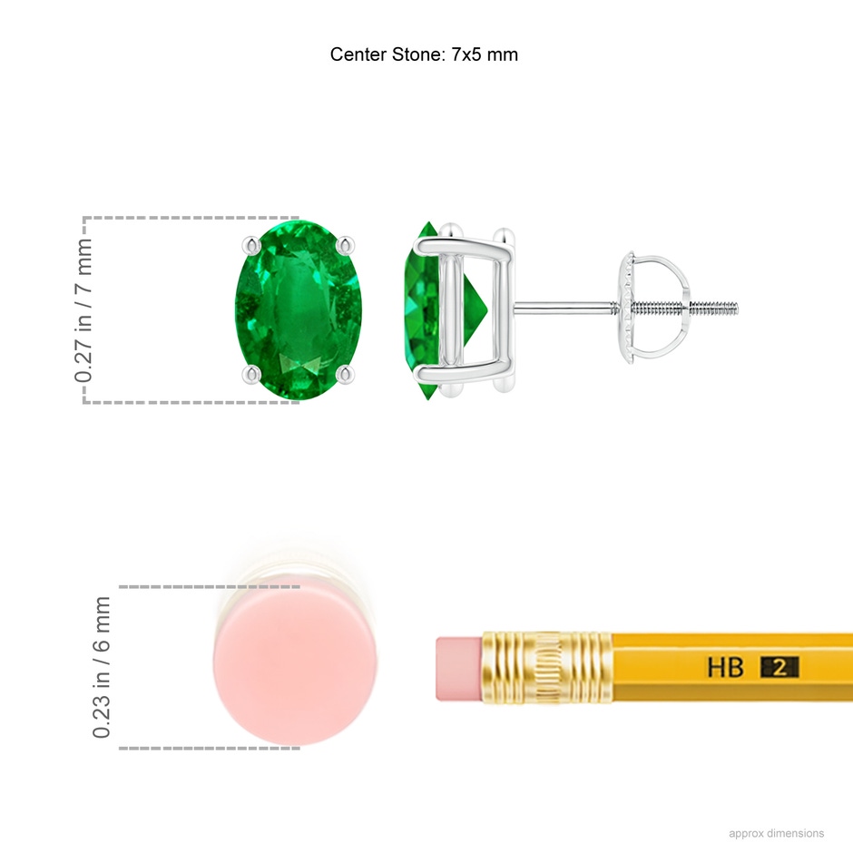 7x5mm AAAA Prong-Set Solitaire Oval Emerald Stud Earrings in P950 Platinum ruler