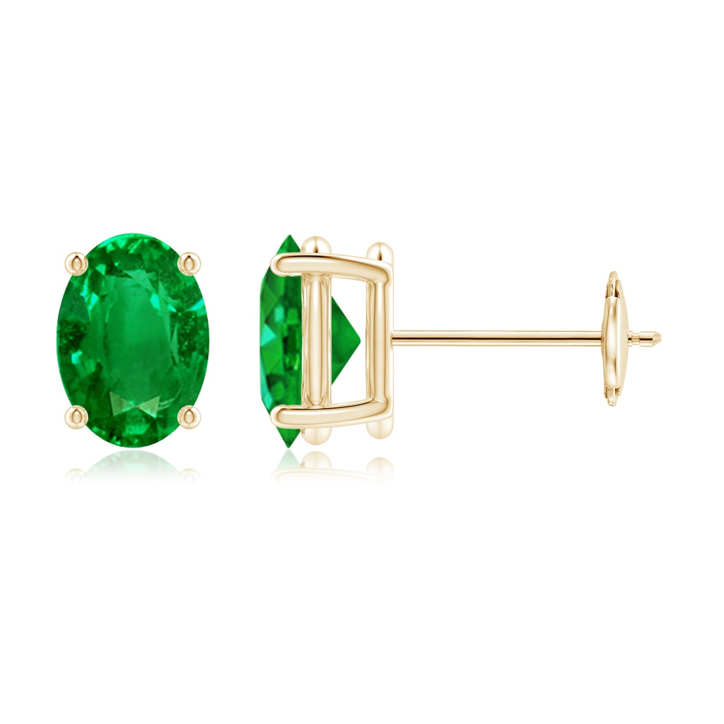 7x5mm AAAA Prong-Set Solitaire Oval Emerald Stud Earrings in Yellow Gold