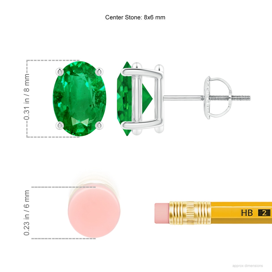 8x6mm AAA Prong-Set Solitaire Oval Emerald Stud Earrings in P950 Platinum ruler