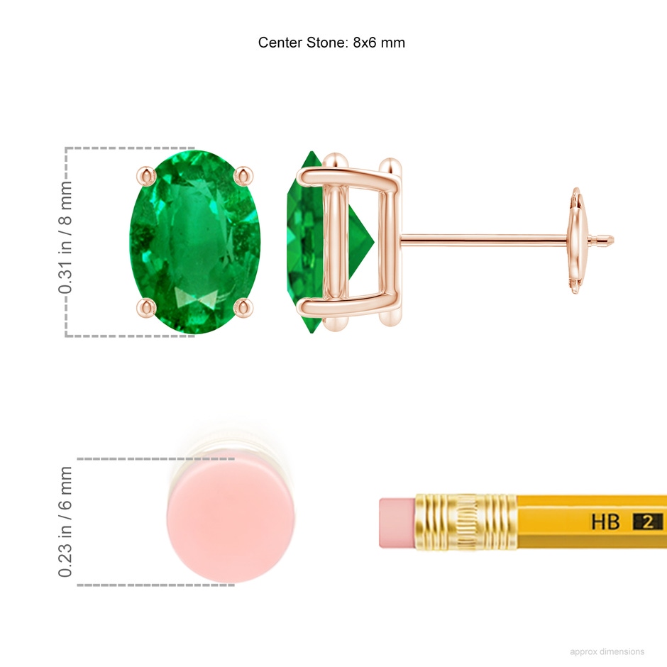 8x6mm AAA Prong-Set Solitaire Oval Emerald Stud Earrings in Rose Gold ruler