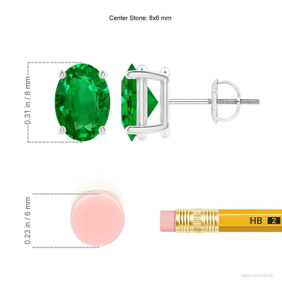 8x6mm AAAA Prong-Set Solitaire Oval Emerald Stud Earrings in P950 Platinum ruler