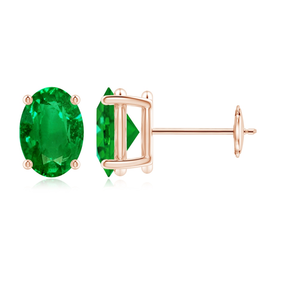8x6mm AAAA Prong-Set Solitaire Oval Emerald Stud Earrings in Rose Gold 