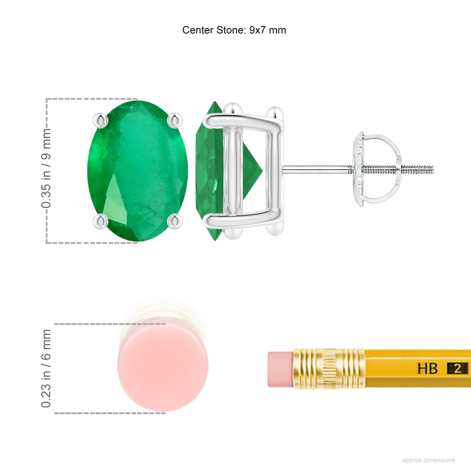 9x7mm A Prong-Set Solitaire Oval Emerald Stud Earrings in P950 Platinum ruler