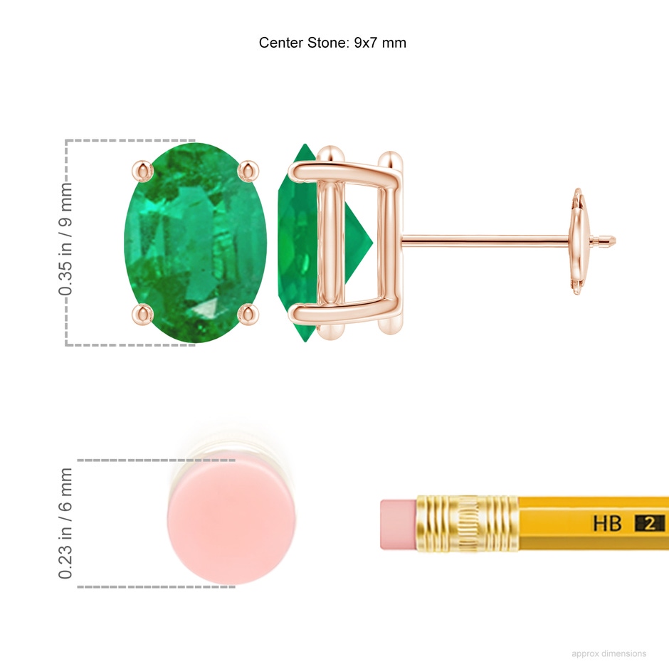 9x7mm AA Prong-Set Solitaire Oval Emerald Stud Earrings in Rose Gold ruler