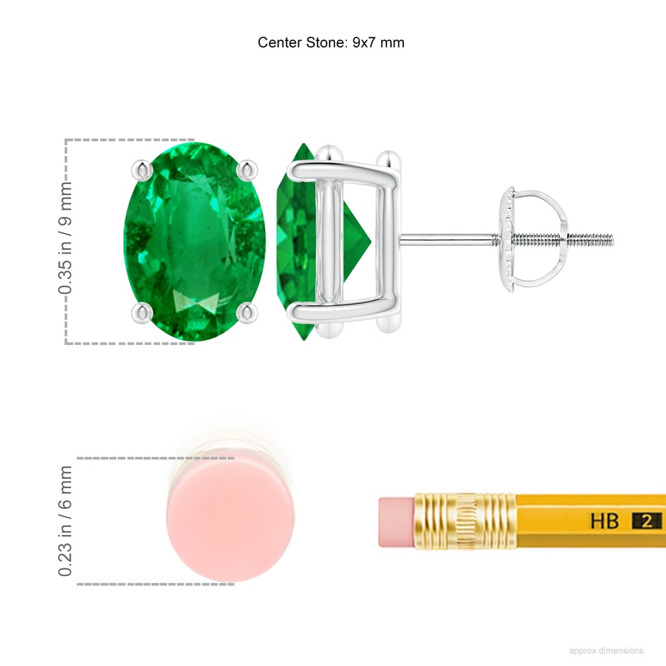 9x7mm AAA Prong-Set Solitaire Oval Emerald Stud Earrings in P950 Platinum ruler