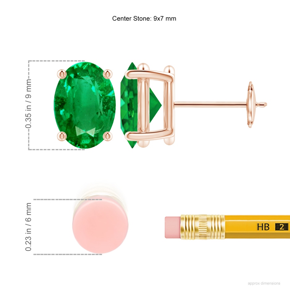 9x7mm AAA Prong-Set Solitaire Oval Emerald Stud Earrings in Rose Gold ruler