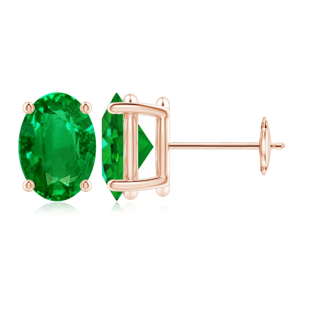 9x7mm AAAA Prong-Set Solitaire Oval Emerald Stud Earrings in Rose Gold