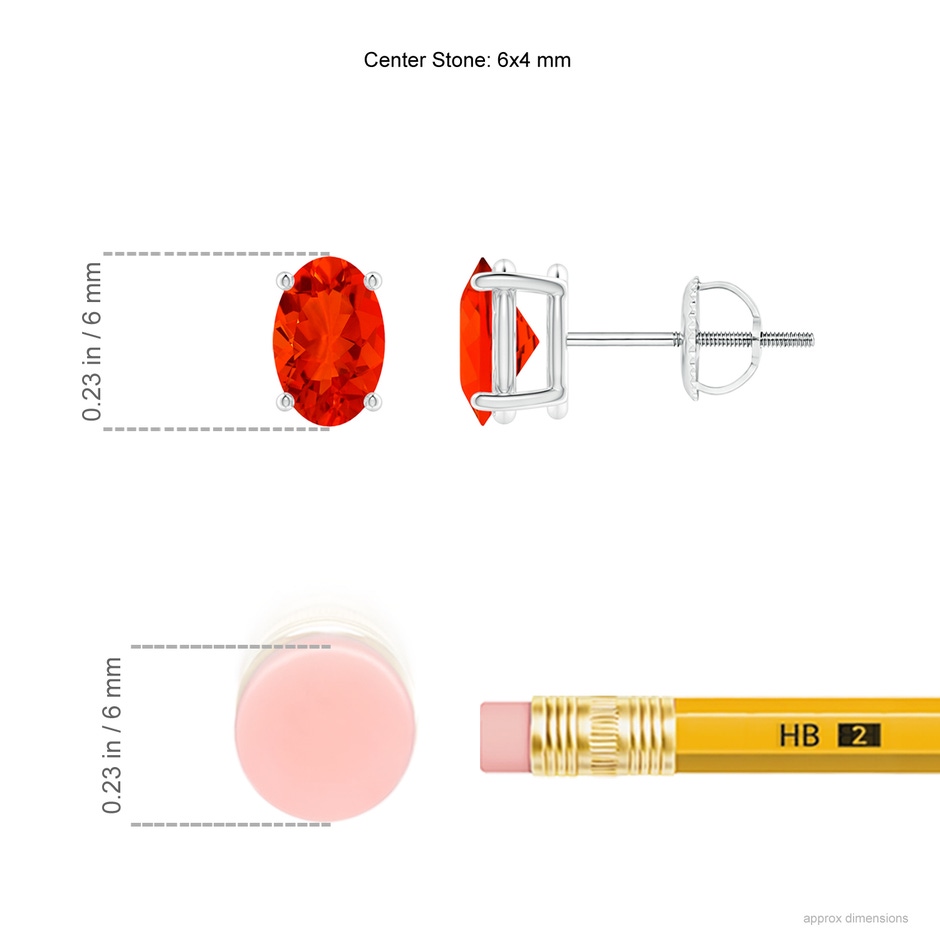 6x4mm AAAA Claw-Set Solitaire Oval Fire Opal Stud Earrings in P950 Platinum ruler