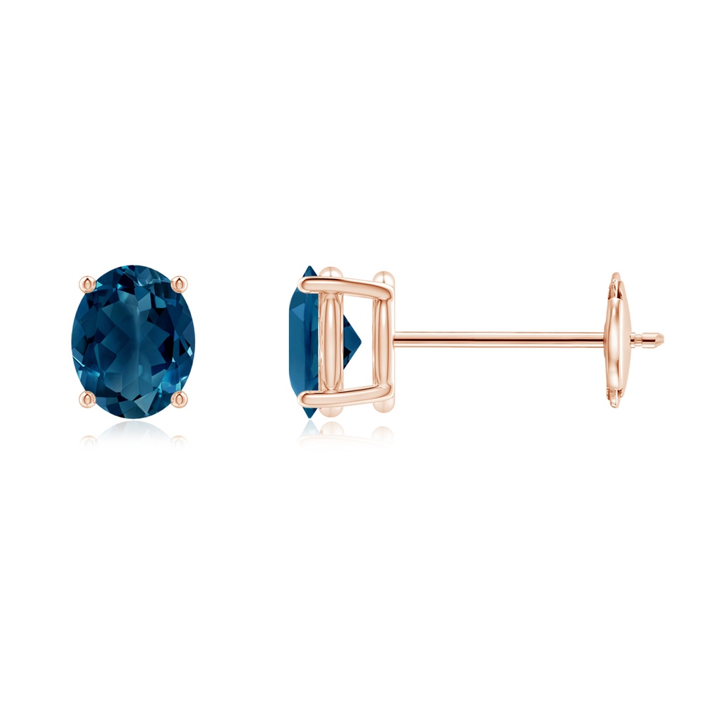 5x4mm AAAA Claw-Set Solitaire Oval London Blue Topaz Stud Earrings in Rose Gold