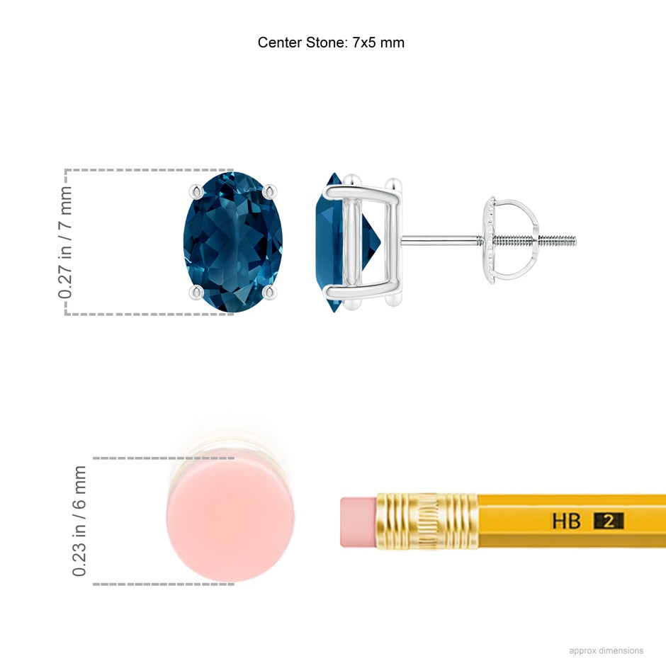 7x5mm AAAA Claw-Set Solitaire Oval London Blue Topaz Stud Earrings in P950 Platinum ruler