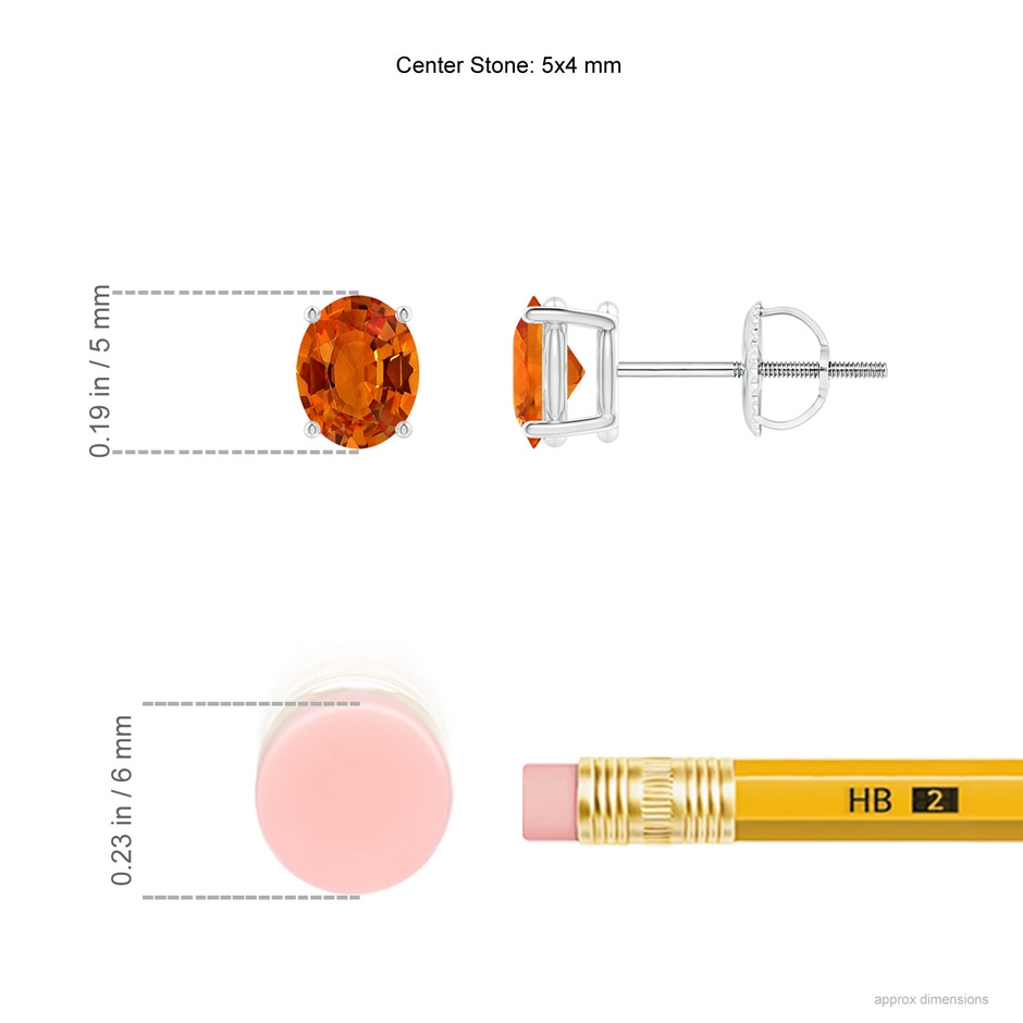 5x4mm AAAA Claw-Set Solitaire Oval Orange Sapphire Stud Earrings in P950 Platinum ruler