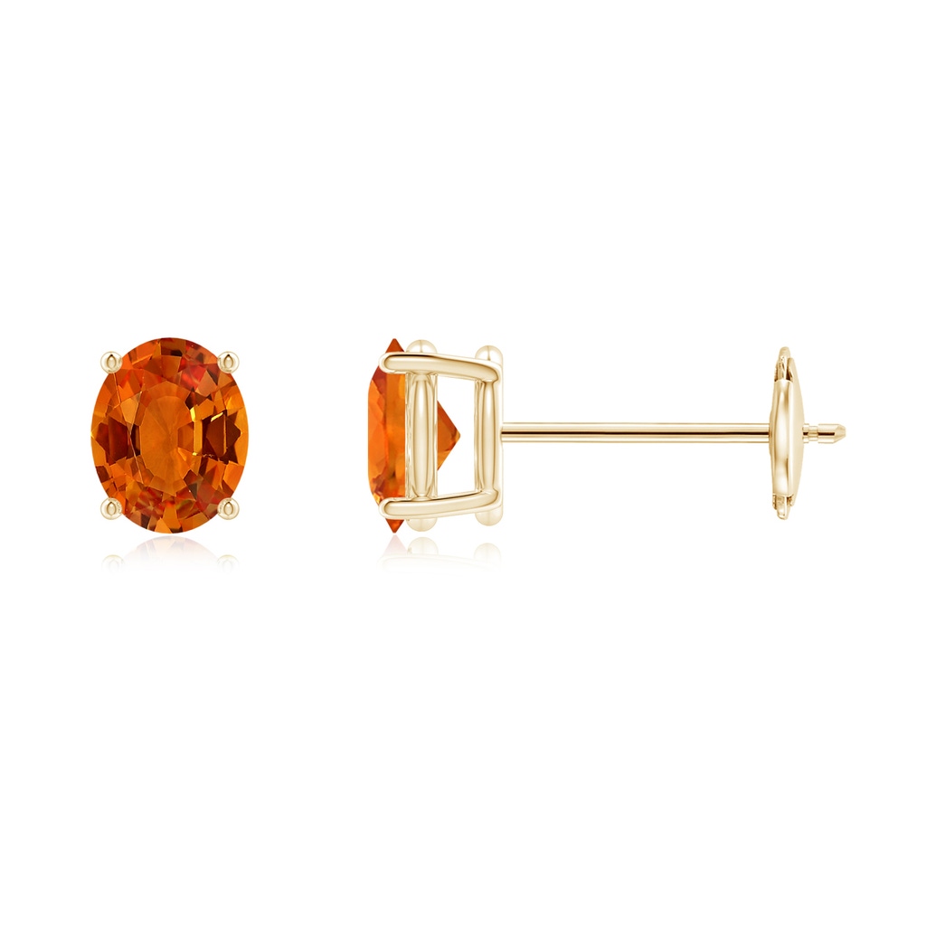 5x4mm AAAA Claw-Set Solitaire Oval Orange Sapphire Stud Earrings in Yellow Gold