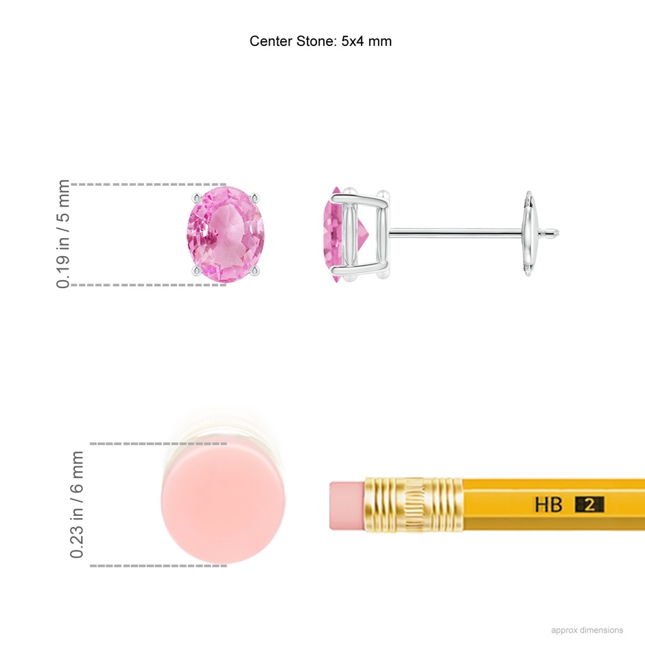 5x4mm A Claw-Set Solitaire Oval Pink Sapphire Stud Earrings in White Gold ruler
