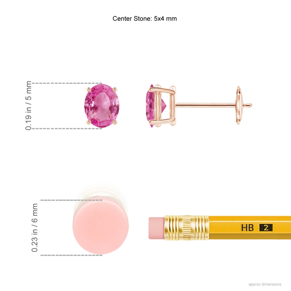 5x4mm AAA Claw-Set Solitaire Oval Pink Sapphire Stud Earrings in Rose Gold ruler