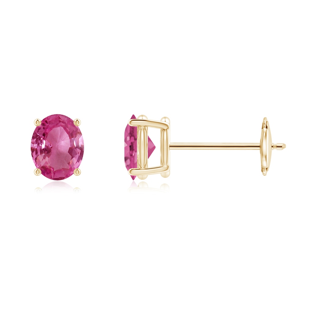5x4mm AAAA Claw-Set Solitaire Oval Pink Sapphire Stud Earrings in Yellow Gold