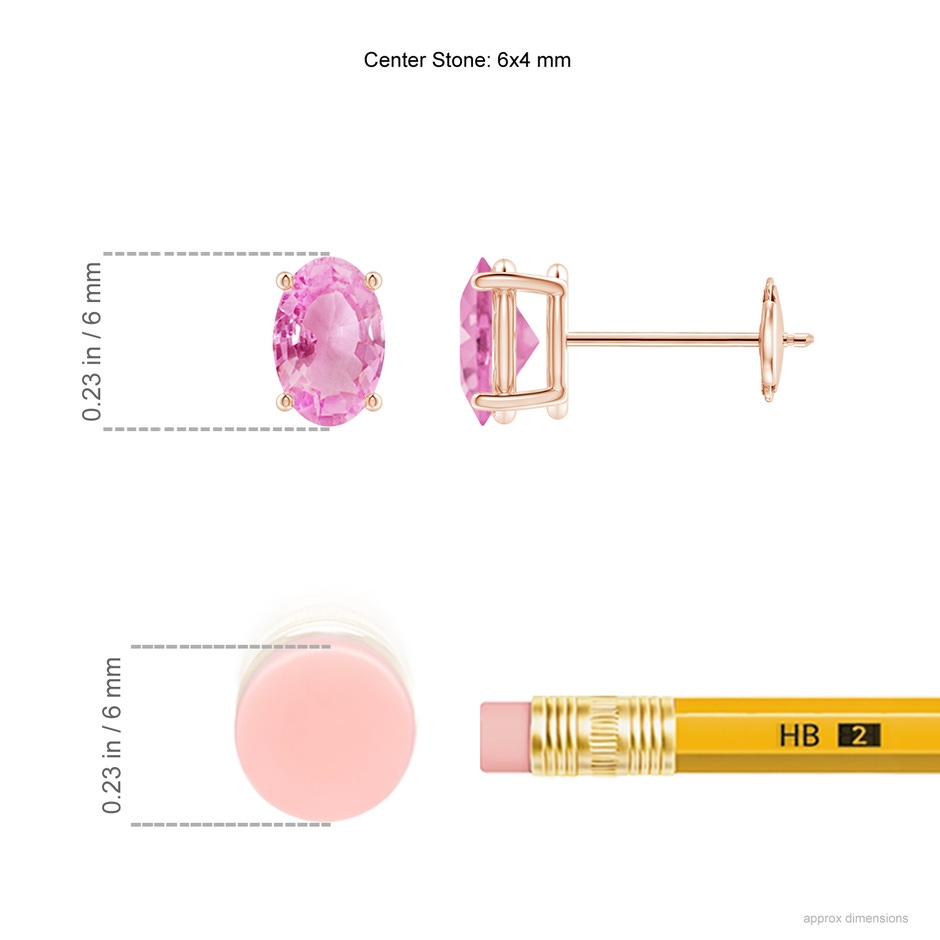 6x4mm A Claw-Set Solitaire Oval Pink Sapphire Stud Earrings in Rose Gold ruler