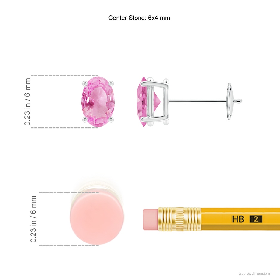 6x4mm A Claw-Set Solitaire Oval Pink Sapphire Stud Earrings in White Gold ruler