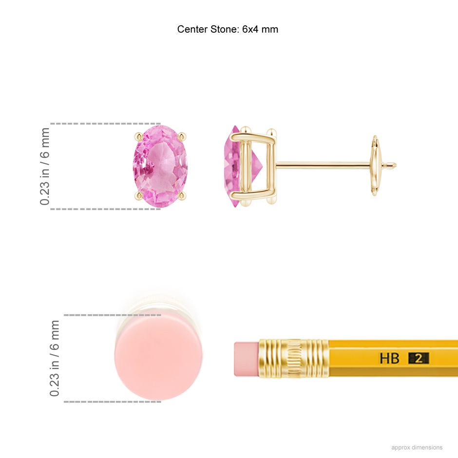 6x4mm A Claw-Set Solitaire Oval Pink Sapphire Stud Earrings in Yellow Gold ruler