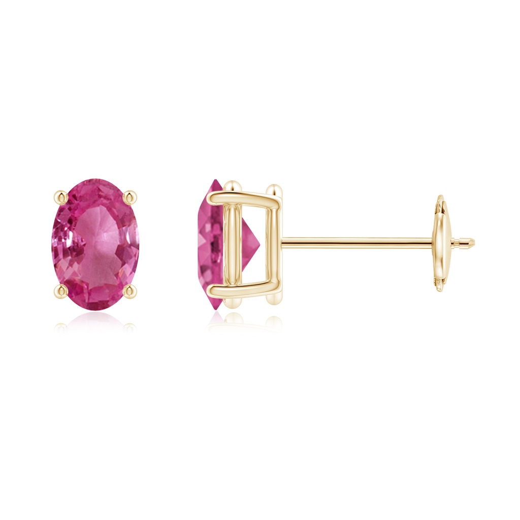 6x4mm AAAA Claw-Set Solitaire Oval Pink Sapphire Stud Earrings in Yellow Gold