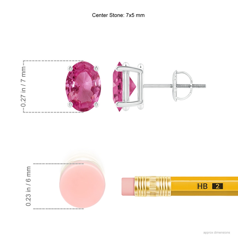 7x5mm AAAA Claw-Set Solitaire Oval Pink Sapphire Stud Earrings in P950 Platinum ruler