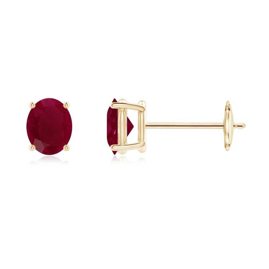 5x4mm A Prong-Set Solitaire Oval Ruby Stud Earrings in Yellow Gold 