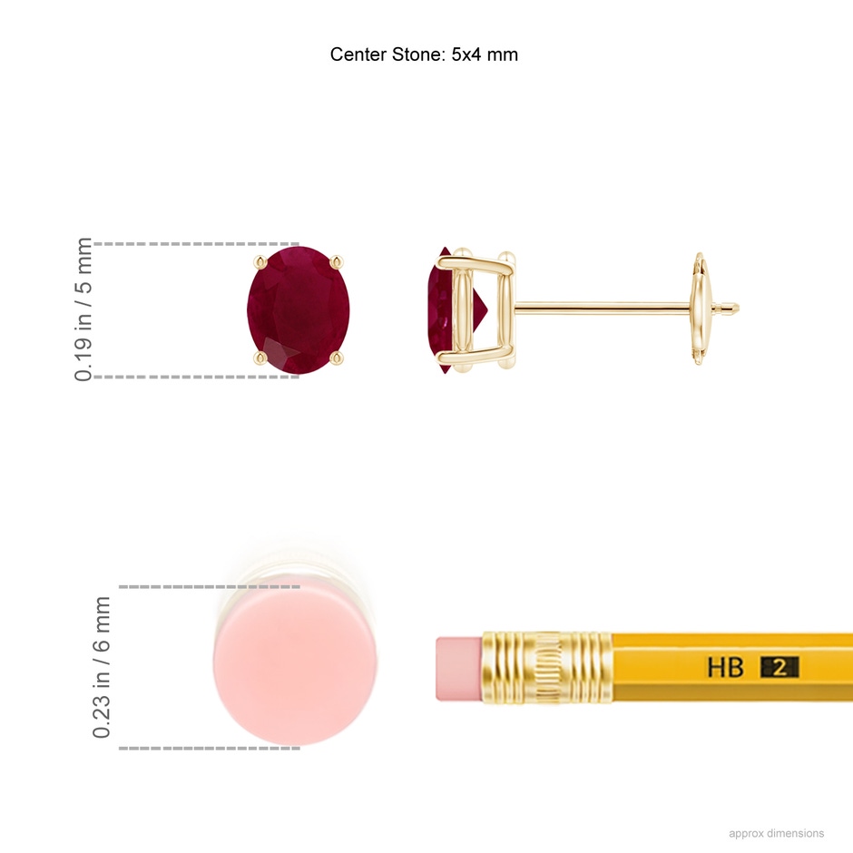 5x4mm A Prong-Set Solitaire Oval Ruby Stud Earrings in Yellow Gold ruler