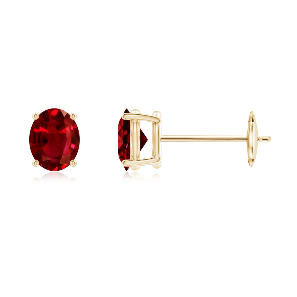 5x4mm AAAA Prong-Set Solitaire Oval Ruby Stud Earrings in Yellow Gold