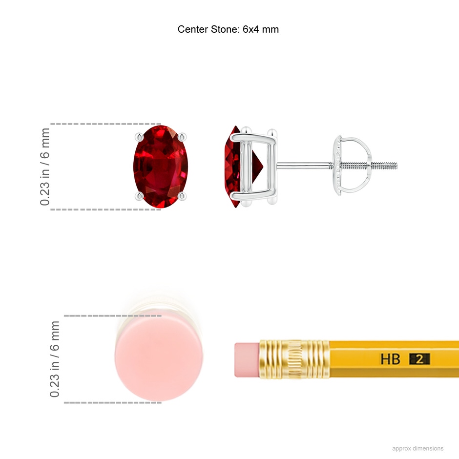 6x4mm AAAA Prong-Set Solitaire Oval Ruby Stud Earrings in P950 Platinum ruler