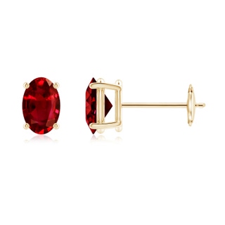 6x4mm AAAA Prong-Set Solitaire Oval Ruby Stud Earrings in Yellow Gold