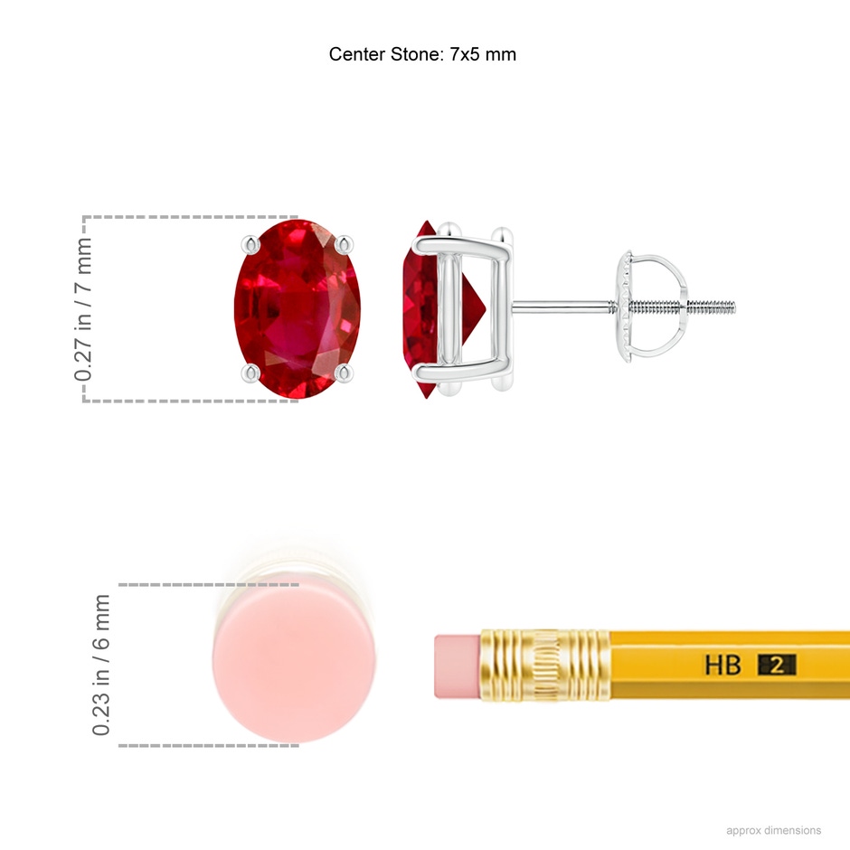7x5mm AAA Prong-Set Solitaire Oval Ruby Stud Earrings in P950 Platinum ruler