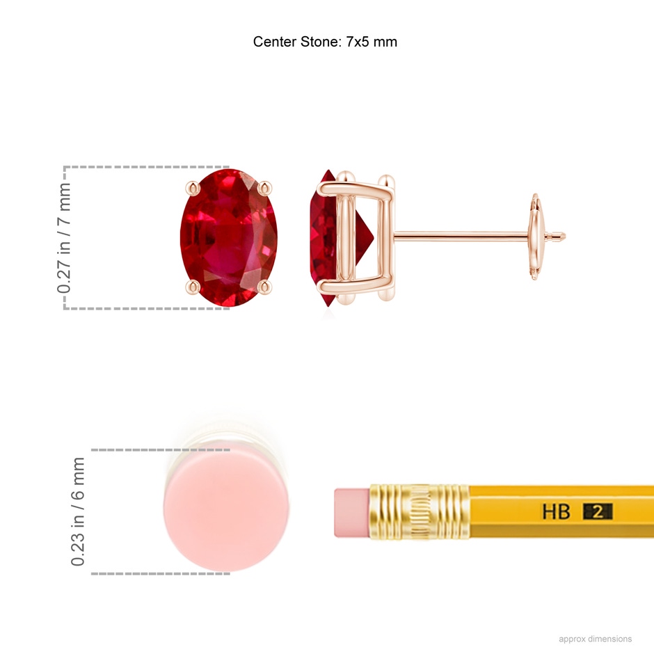7x5mm AAA Prong-Set Solitaire Oval Ruby Stud Earrings in Rose Gold ruler