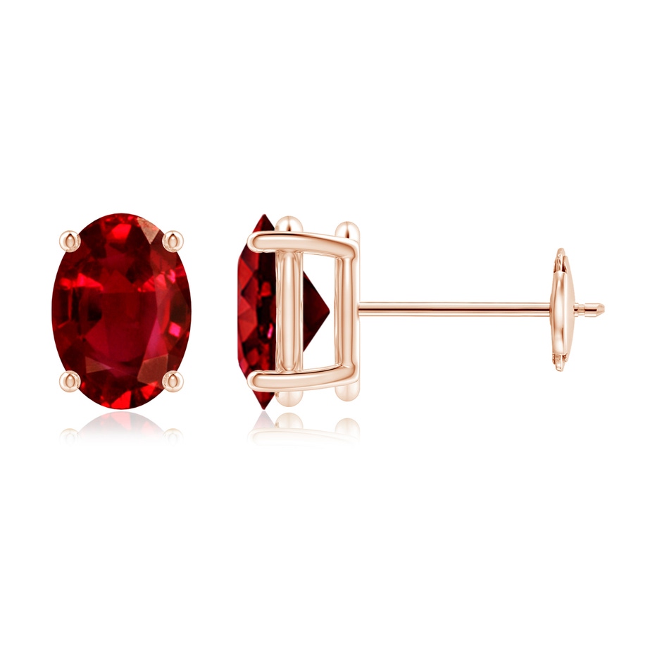 7x5mm AAAA Prong-Set Solitaire Oval Ruby Stud Earrings in Rose Gold 