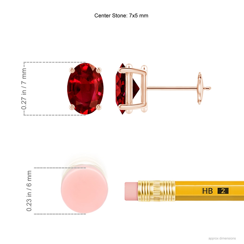 7x5mm AAAA Prong-Set Solitaire Oval Ruby Stud Earrings in Rose Gold ruler
