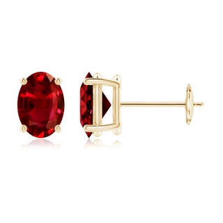 7x5mm AAAA Prong-Set Solitaire Oval Ruby Stud Earrings in Yellow Gold