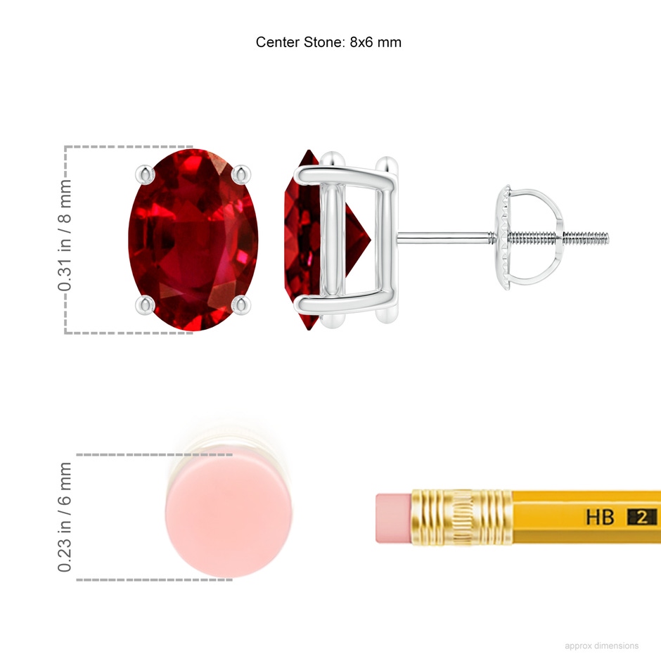 8x6mm AAAA Prong-Set Solitaire Oval Ruby Stud Earrings in P950 Platinum ruler