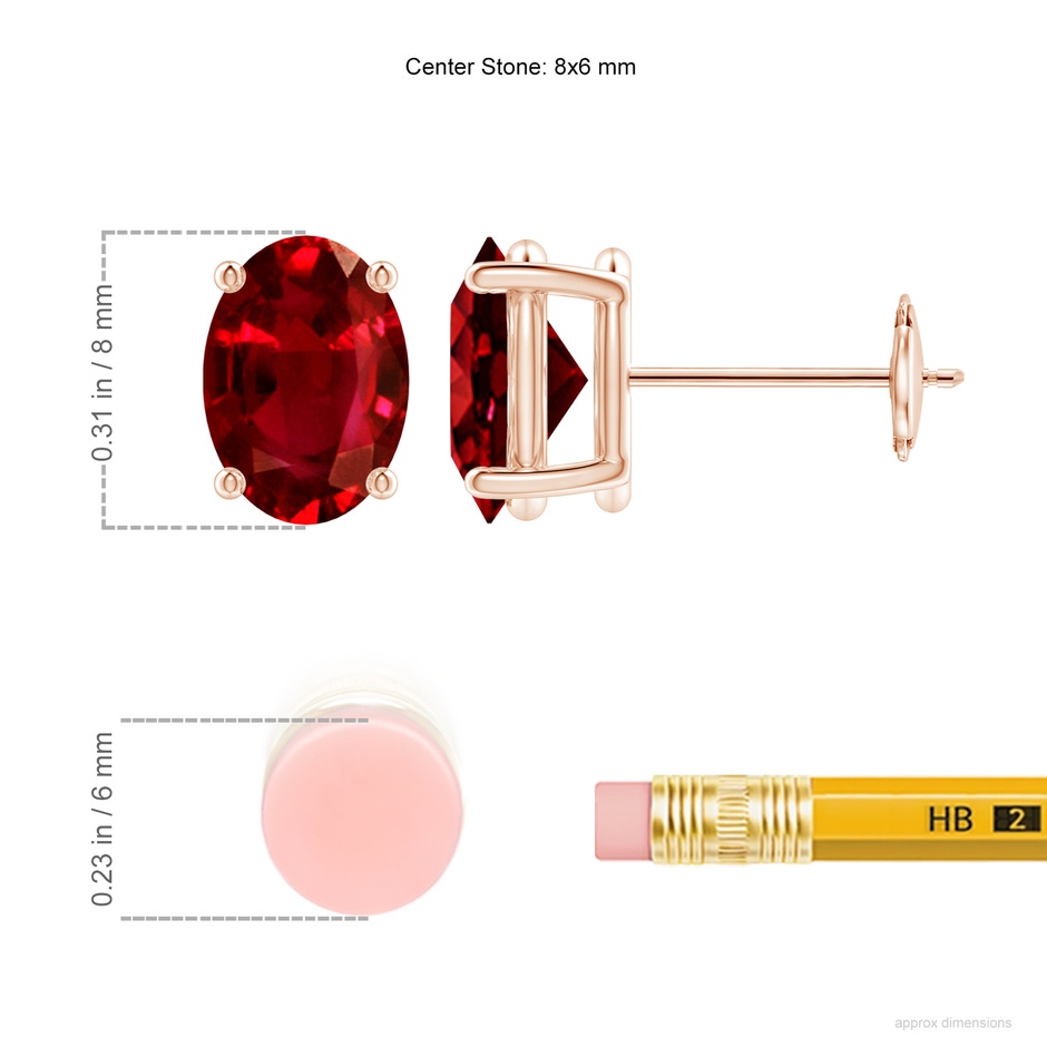 8x6mm AAAA Prong-Set Solitaire Oval Ruby Stud Earrings in Rose Gold ruler