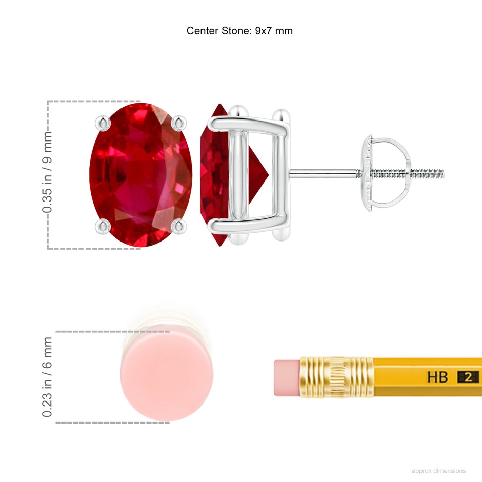 9x7mm AAA Prong-Set Solitaire Oval Ruby Stud Earrings in P950 Platinum ruler