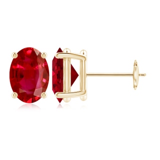 9x7mm AAA Prong-Set Solitaire Oval Ruby Stud Earrings in Yellow Gold