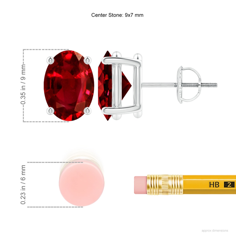 9x7mm AAAA Prong-Set Solitaire Oval Ruby Stud Earrings in P950 Platinum ruler