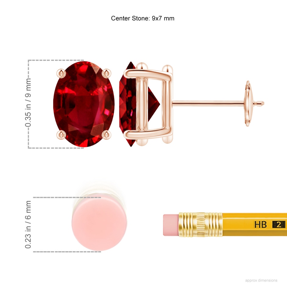 9x7mm AAAA Prong-Set Solitaire Oval Ruby Stud Earrings in Rose Gold ruler