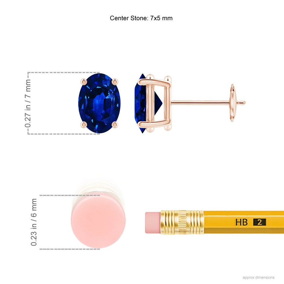 7x5mm Lab-Grown Prong-Set Solitaire Oval Sapphire Stud Earrings in Rose Gold ruler