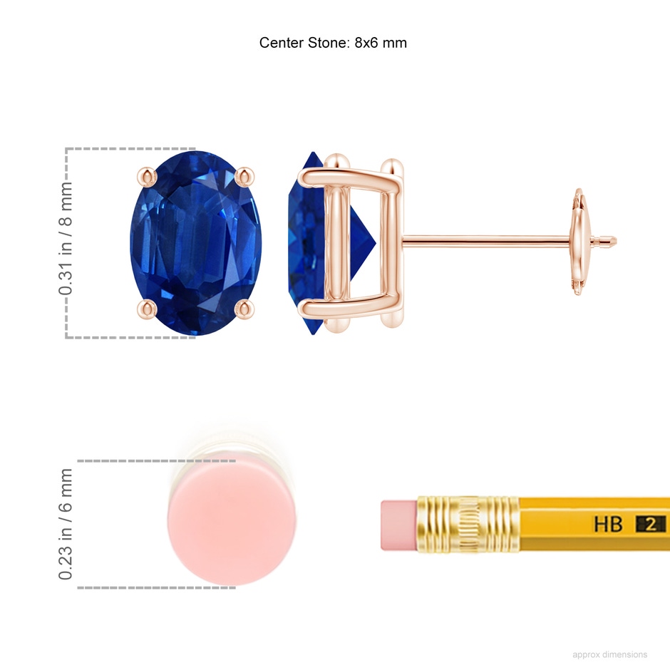 8x6mm AAA Prong-Set Solitaire Oval Sapphire Stud Earrings in Rose Gold ruler