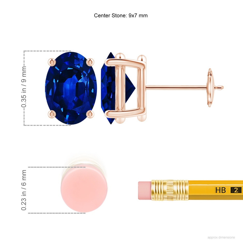 9x7mm AAAA Prong-Set Solitaire Oval Sapphire Stud Earrings in Rose Gold ruler