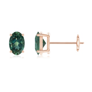 6x4mm AA Claw-Set Solitaire Oval Teal Montana Sapphire Stud Earrings in Rose Gold