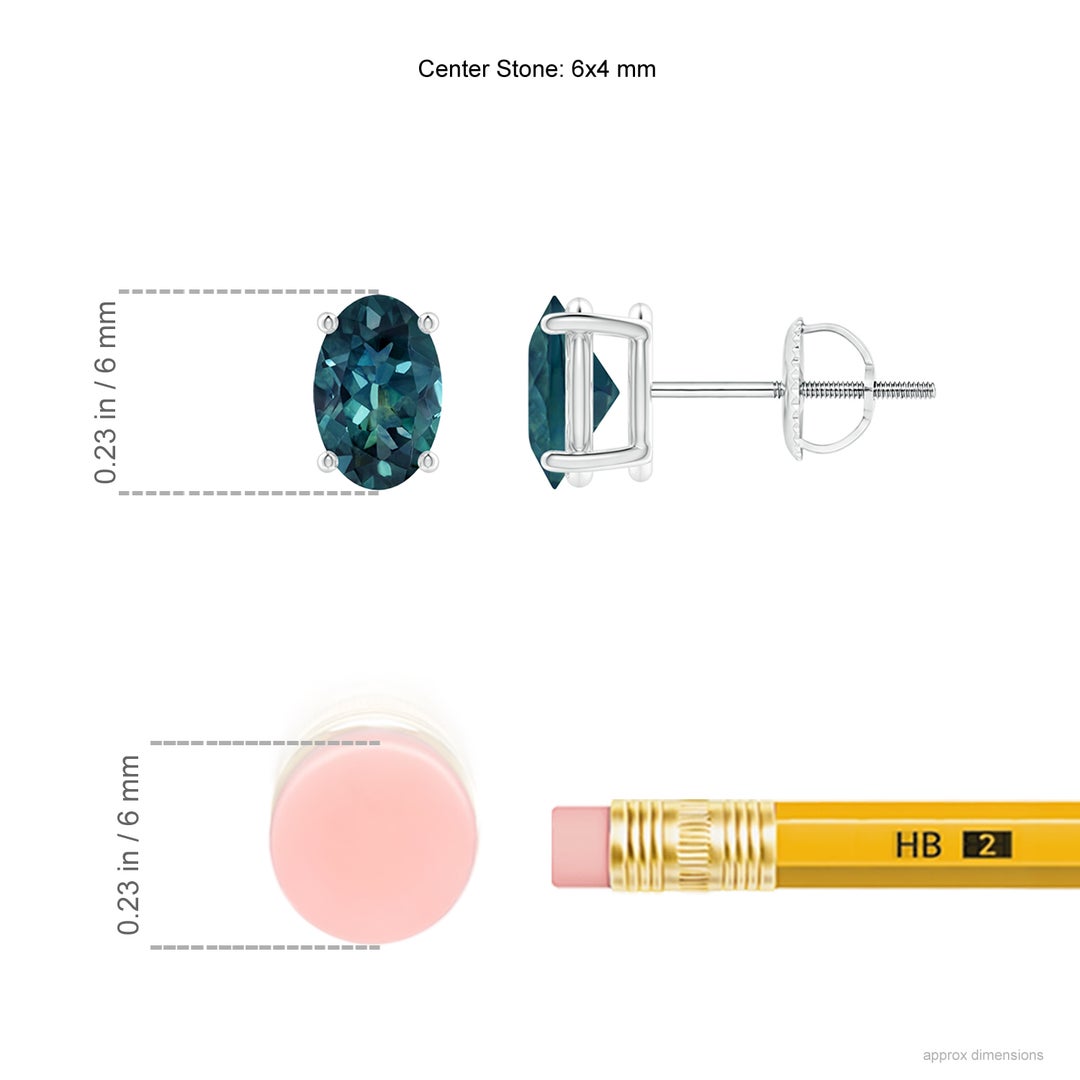 6x4mm AAA Claw-Set Solitaire Oval Teal Montana Sapphire Stud Earrings in P950 Platinum - ruler
