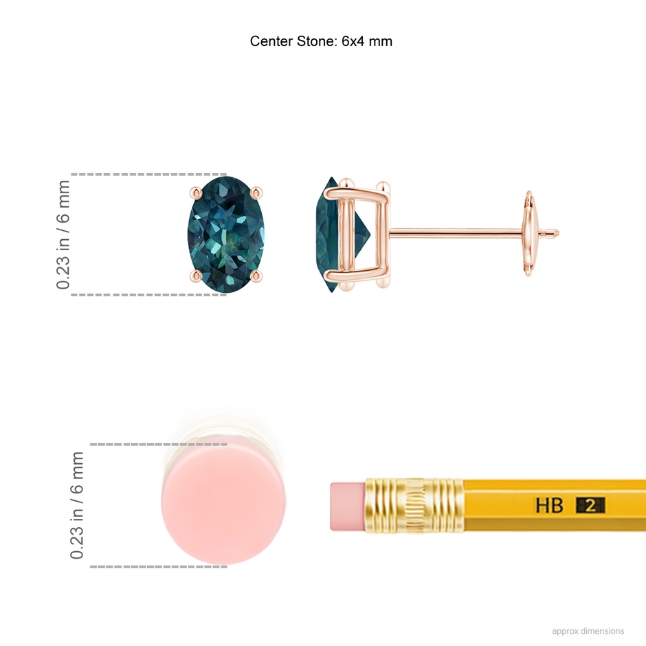 6x4mm AAA Claw-Set Solitaire Oval Teal Montana Sapphire Stud Earrings in Rose Gold ruler